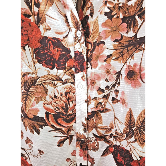 H&M Short Floral Fall Colors Red and Brown Shift Dress Long Sleeve Button Down - Picture 3 of 14